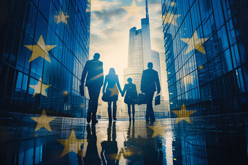 Silhouettes of businesspeople, diplomats, or politicians with the European flag in the background, depicting European diplomacy or business relations 