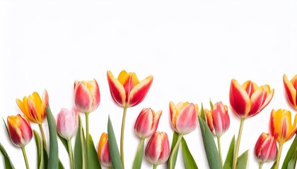 Red and yellow tulips on white background with copy space for text