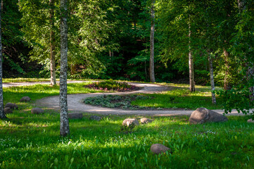 A pedestrian path leads through the park. Smiltene Old Park, Latvia.