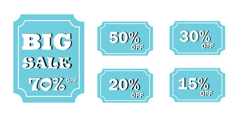  Price tags, special offer or shopping discount label with percent, discount. 20, 30, 40, 50, 60, 70, 80 percent price. Paper sticker. Promotional sale. 