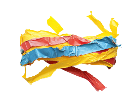 A patch of duct tape with yellow, blue, and red stripes on a transparent background.