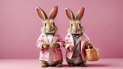 Two cute rabbits in clothes go shopping on pink background Easter bunnies in a realistic style. Place for your text. Easter card. Banner. Generative AI
