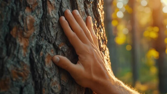Human hand touch tree trunk. People and nature connection concept. Beautiful green forest. Nature environment. Man care about ecology. Save planet. Wood bark close up. Peace and harmony at eco park.