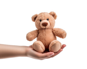 Obraz premium Plush toy held in hand, PNG isolated on a white background.