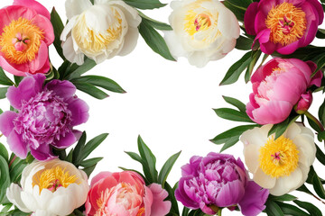 Pink, purple, yellow, and white peonies on a transparent background
