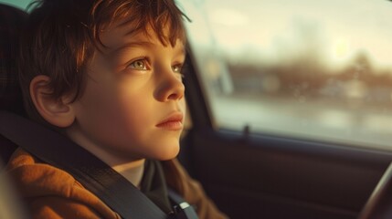 Young boy wearing seatbelt looking out car window - obrazy, fototapety, plakaty