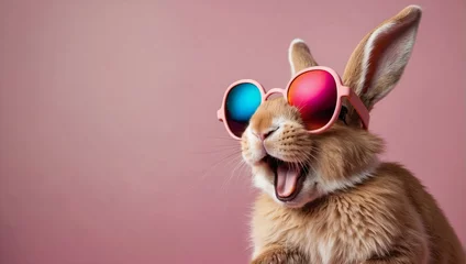 Poster Abstract clip-art of rabbit wearing trendy sunglasses. Cool bunny with sunglasses on colorful  pink background. Contemporary colorful background with copy space. For posters, planners, illustration.   © Sanita