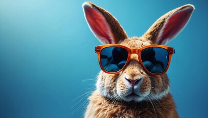 Abstract clip-art of rabbit wearing trendy sunglasses. Cool bunny with sunglasses on colorful blue background. Contemporary blue background with copy space. For posters, planners, illustration