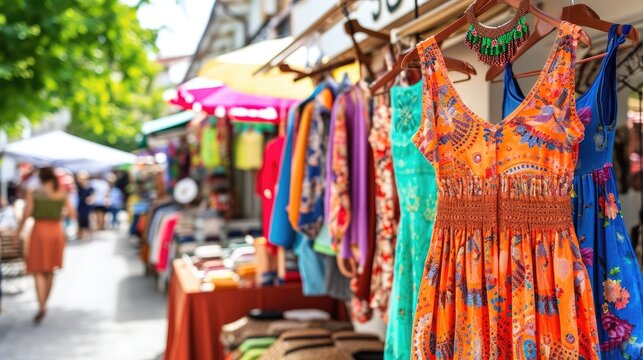 Colorful Market Stall With Summer Dresses; Vibrant Street Fair Clothing; Outdoor Shopping Experience