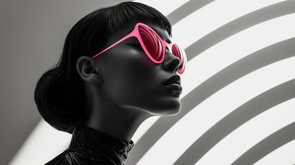 Woman with pink neon sunglasses against white background with shadows, looking into the sky.