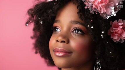 Young Girl with Pink Flowers in Curly Hair