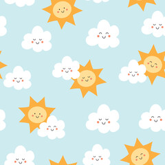 Seamless pattern with cute sun and clouds. Summer background. Vector illustration. It can be used for wallpapers, wrapping, cards, patterns for clothes and other.