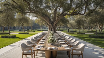 Elegant Outdoor Dining Setup Under Majestic Oak Tree - obrazy, fototapety, plakaty