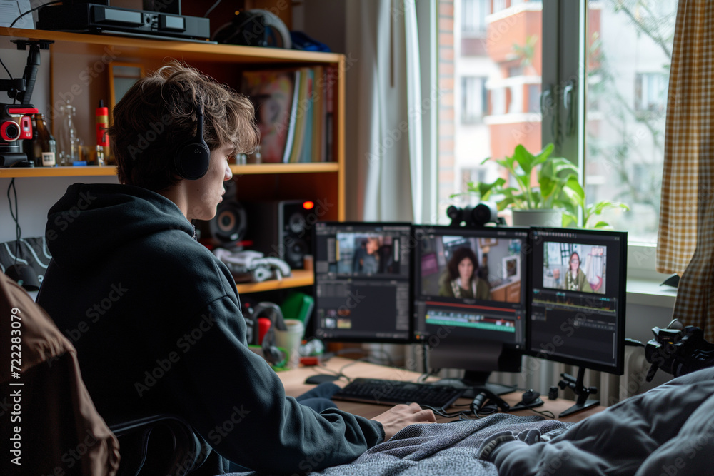 Poster video editing process use your computer to edit images while sitting at your work desk in your priva