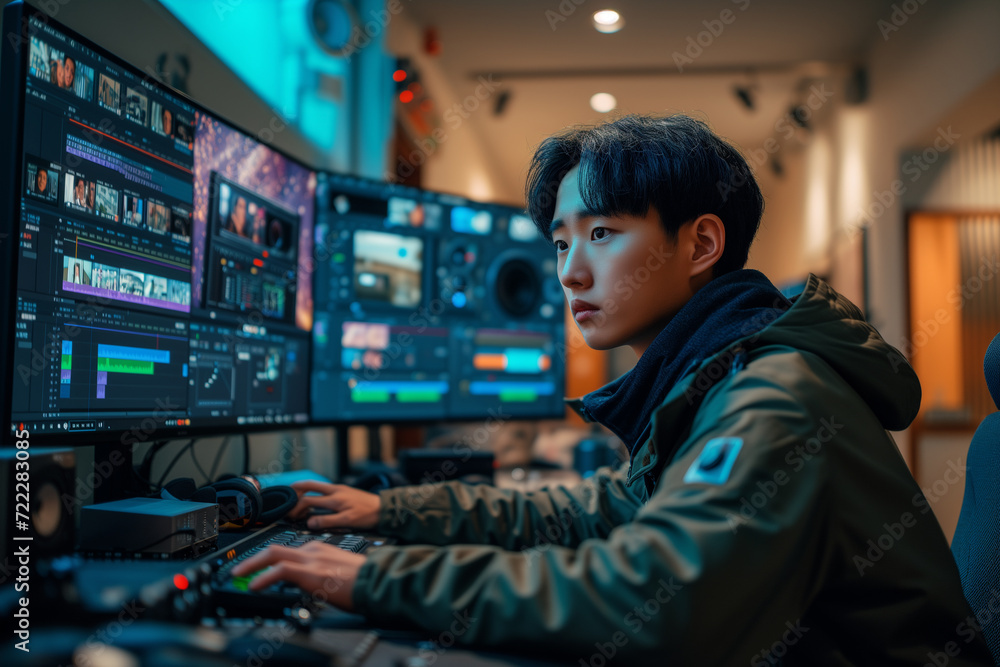Poster video editing process use your computer to edit images while sitting at your work desk in your priva