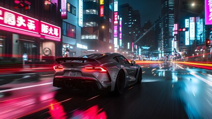 Futuristic Sports Car Speeding Through Neon-Lit City Streets