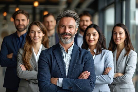 image of confident business team posing with it's male leader at a corporate office, generative ai