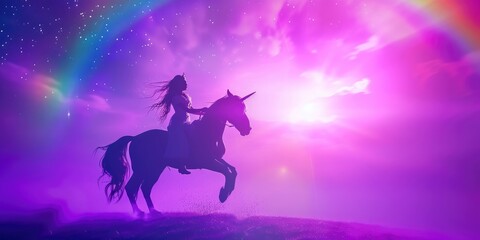 Girl Riding a Magic Unicorn in a Silhouetted Scene, Bathed in Strong Purple Backlight, Surrounded by a Rainbow - A Magical Fairytale World.