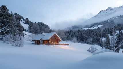 View of a chalet photographed on a distant pure white mountain