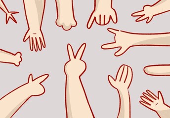 Cartoon hands abstract drawn comic. Set of Hand different signs and symbols with fingers. Doodle drawing style. Colored happy background