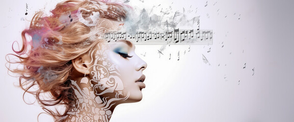 Artistic woman's profile with flowing hair and musical notes, embodying the harmony between music...