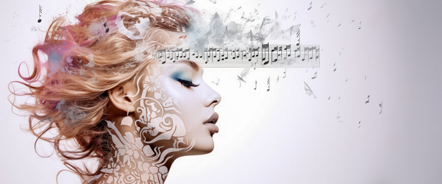 Artistic woman's profile with flowing hair and musical notes, embodying the harmony between music and beauty.