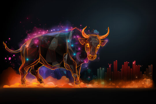 illustration of neon bull on chart background for business concept. Graph Stock Trading, crypto currency