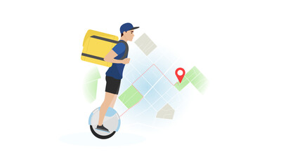 Delivery man illustration. A young guy with a backpack rides an electric unicycle against the background of a map with a route. Fast delivery. Delivery service.