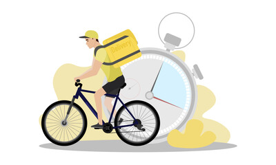 Fototapeta premium Delivery man illustration. A young guy with a backpack rides a bicycle. Fast delivery. Delivery service.