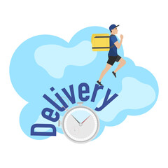 Delivery man illustration. A young guy with a backpack is running. Fast delivery. Delivery service.