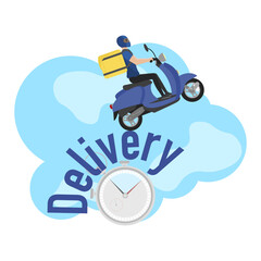 Delivery man illustration. A young guy with a backpack rides a scooter. Fast delivery. Delivery service.