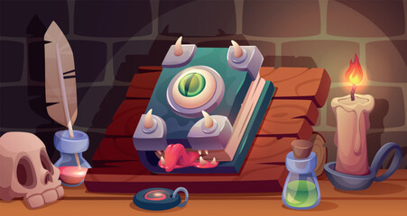 Wizard room. Table with spell book and magic stuff exact vector fantasy background in cartoon style