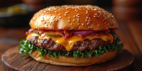 A cheeseburger is ready to eat. Food photography.