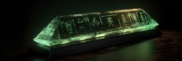 Ethereal Fusion, Glowing Japanese Calligraphy, Runes, and Diagrams Adorn a Raw Tourmaline Crystal Shard.