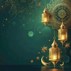 eid greeting card or social media background, golden lamp with mandala, beautiful ramadan background 