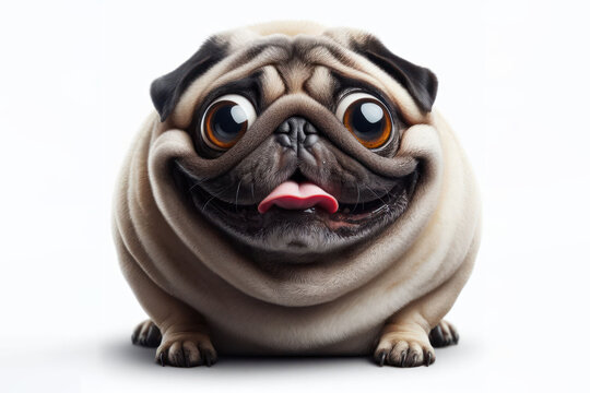 Fat Pug dog with bulging eyes and crazy face isolated on solid white background. ai generative