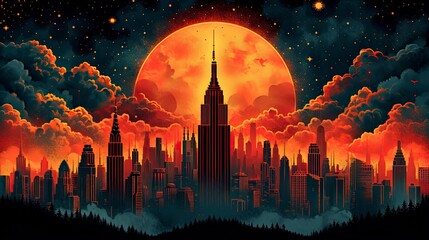 Art Deco Background. Cityscape at night with the red moon.