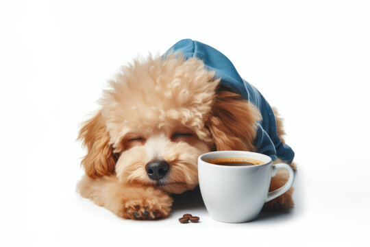 Photo of a cute sleepy poodle dog drinks coffee in the morning isolated on a white background. ai generative