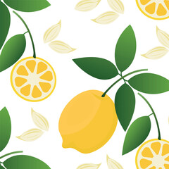 Yuzu japanese citron fruit seamless pattern, pattern with lemons. Full, half and sliced citrus yuzu, lemons fresh fruit seamless texture.