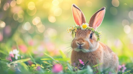 Fototapeta na wymiar Joyful Brown Rabbit with Meadow Flower Crown on Bokeh Background. A Whimsical Portrait of Cuteness for Easter Bunny Festival.