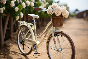 Pastel-colored bicycle with basket of white roses standing in a rose garden