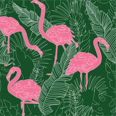 Obraz premium Flamingo Seamless pattern. Tropical pink bird in green palm leaves. Paradise background. Decor textile, wrapping paper, wallpaper design. Print for fabric. Cartoon flat vector illustration