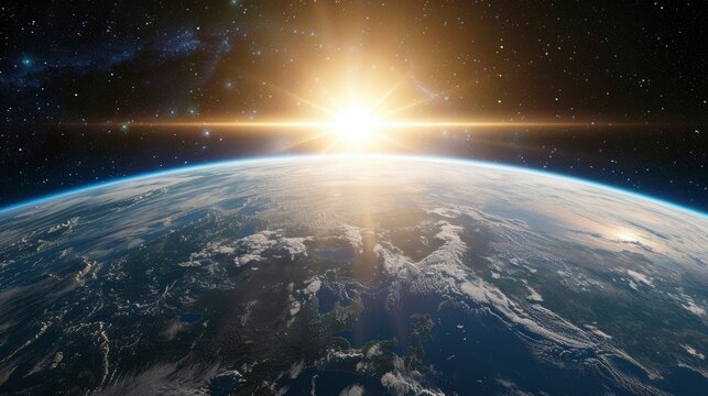 Sunlight over Earth in the outer space