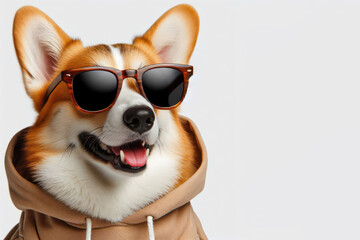corgi wear hoody with surprised face wear sunglasses isolated on solid white background. ai generative