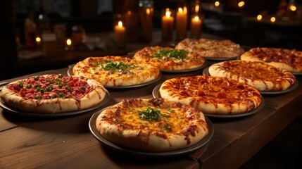 Multiple pizzas with varied toppings on pans in a candlelit setting