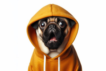 pug dog wear hoody with surprised face isolated on solid white background. ai generative - obrazy, fototapety, plakaty