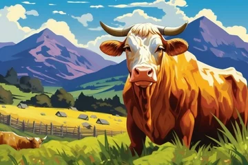 Poster Cartoon scene with cow on meadow near mountains - illustration for children © Cybernetic