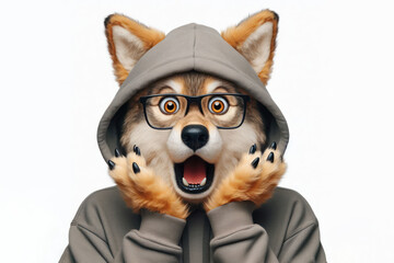 wolf wear hoody with surprised face isolated on solid white background. ai generative