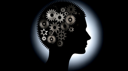 Silhouette of a human head with gears - Clockwork man - Artistic illustration.