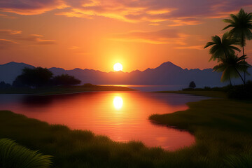 Fototapeta na wymiar Sunset and sun rising over the sea lake mountain beach ocean and river background HD wallpaper